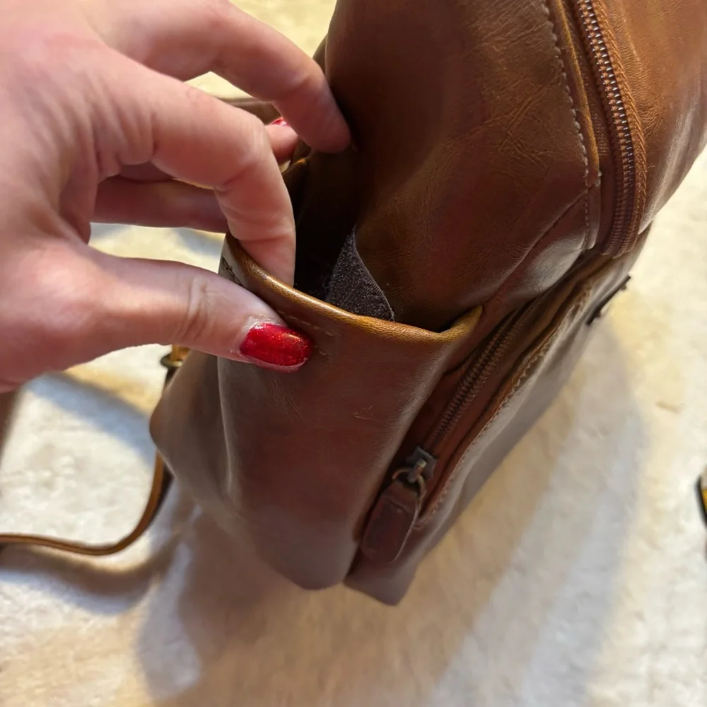 Connections Mini Backpack Tan Cognac Faux Leather Brass-tone Hardware Brown Intr